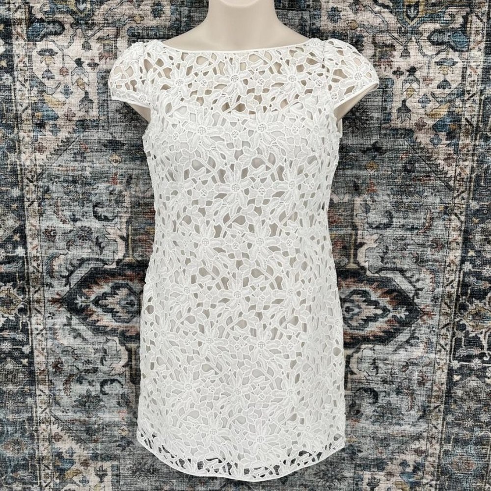 Ali Ra Women's Lace Short-Sleeve Dress Size 6 White V Back Party Wedding